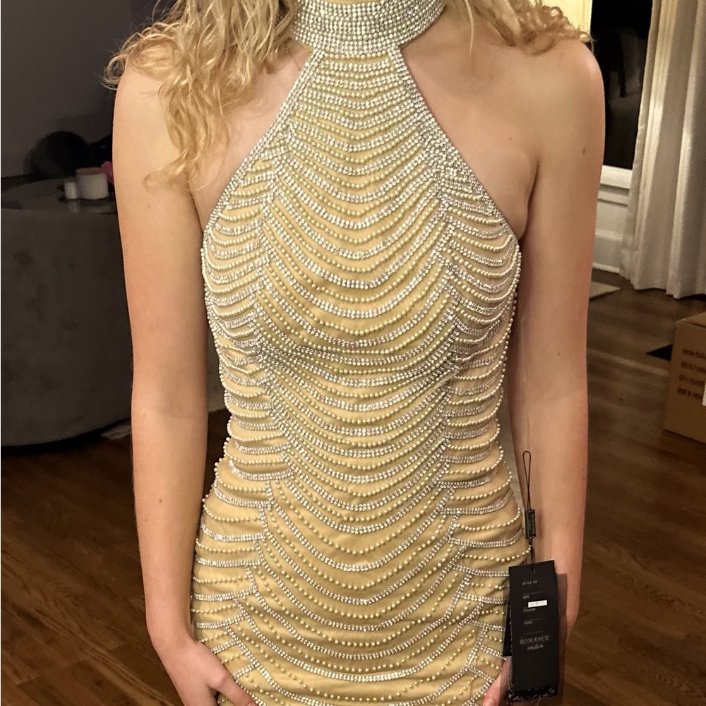 New York Boutique Formal Prom Dress. Champagne color - heavily beaded